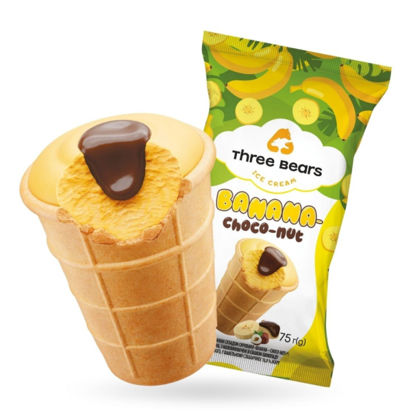 Glace goût banane chocolat en gobelet gaufré (Tri Vedmedi)