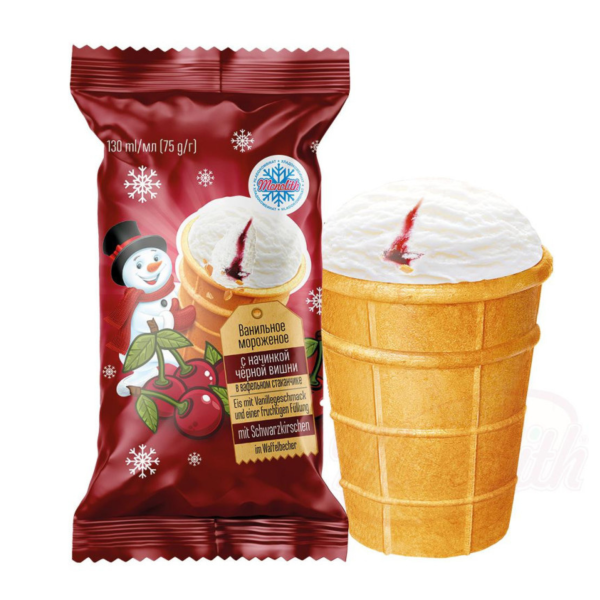 Glace goût vanille et cerise en gobelet gaufré